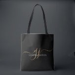 Bolsa Tote Iniciais de Monograma de Script Dourado Moderno<br><div class="desc">Uma bolsa de tote elegante e minimalista,  com nome sans serif e elegante guião de uísque em preto.</div>