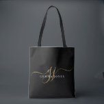 Bolsa Tote Iniciais de Monograma de Script Dourado Moderno<br><div class="desc">Uma bolsa de tote elegante e minimalista,  com nome sans serif e elegante guião de uísque em preto.</div>