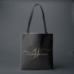 Bolsa Tote Iniciais de Monograma de Script Ouro Moderno Preto<br><div class="desc">Uma bolsa de tote elegante e minimalista,  com nome sans serif e elegante guião de uísque em preto.</div>