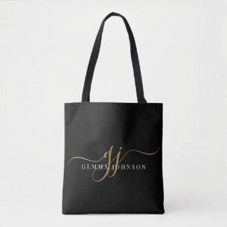 Bolsa Tote Iniciais de Monograma de Script Ouro Moderno Preto