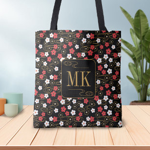 Bolsa Tote Iniciais do Monograma do Flor Sakura Negra Japonês