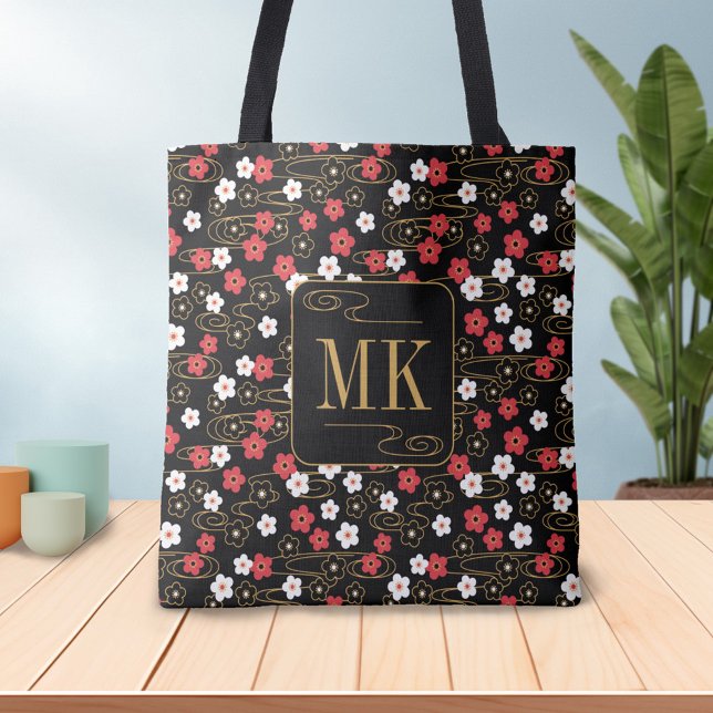 Bolsa Tote Iniciais do Monograma do Flor Sakura Negra Japonês (Criador carregado)