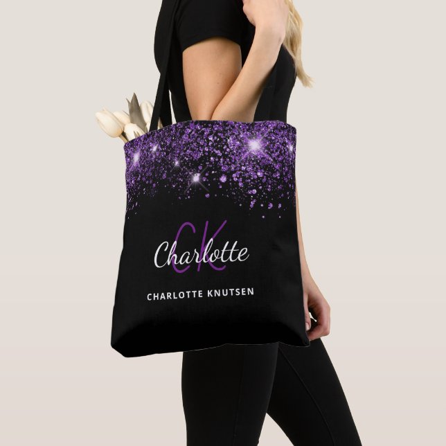 Bolsa Tote Iniciais monograma com glitter roxo preto (Close Up)