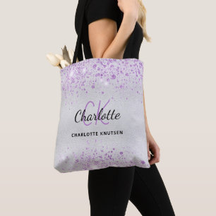 Bolsa Tote Iniciais monograma em pó roxo com brilho prateado