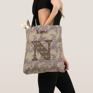 Bolsa Tote Iniciais Monograma N Floral Vintage Personalizado