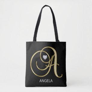 Bolsa Tote Iniciais Monogrammed pretas Dourados elegantes A