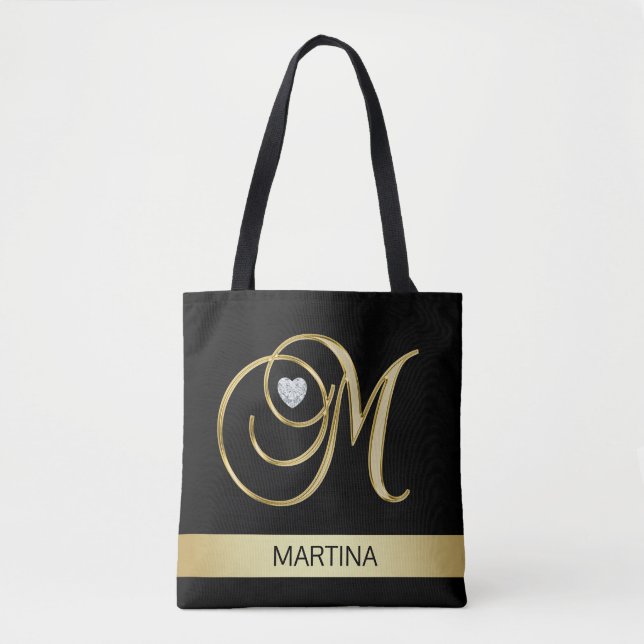 Bolsa Tote Iniciais Monogrammed pretas Dourados originais M (Frente)