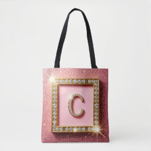 Bolsa Tote Inicial C de Diamante com Brilho Rosa em Moldura D