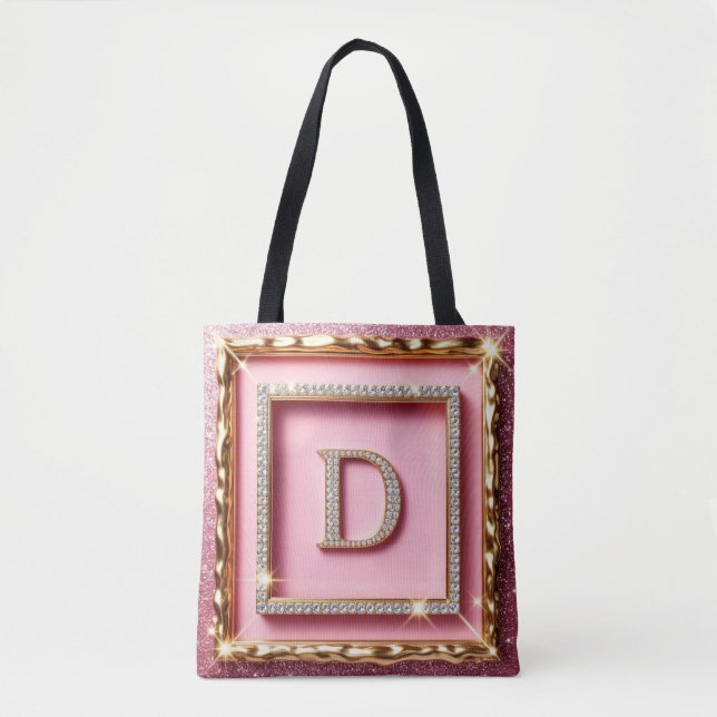 Bolsa Tote Inicial D em Diamante com Moldura Dourada e Glitte (Frente)