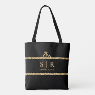 Bolsa Tote Inicial de Monograma com Brilho Preto e Dourado pa