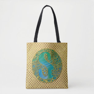 Bolsa Tote Inicial de Monograma Moderno em Ouro e Turquesa