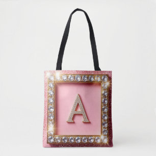 Bolsa Tote Inicial Diamante A Moldura Dourada Monograma Brilh
