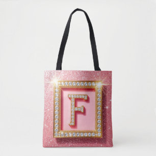 Bolsa Tote Inicial F em Diamante Brilho Rosa em Moldura Doura