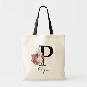 Bolsa Tote Inicial Floral Boho Rosa Monograma Feminino P