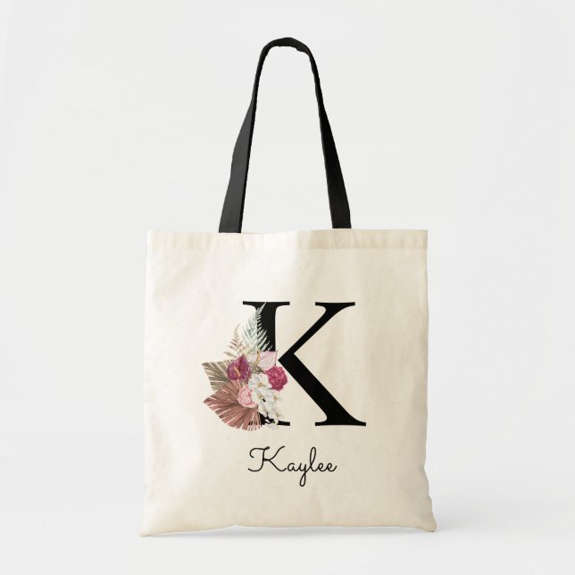 Bolsa Tote Inicial Floral Boho Rosa Monograma K (Frente)