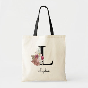 Bolsa Tote Inicial Floral Boho Rosa Monograma L