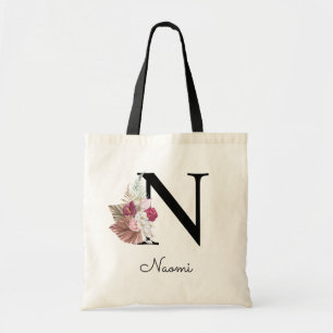 Bolsa Tote Inicial Floral Boho Rosa Monogramada N