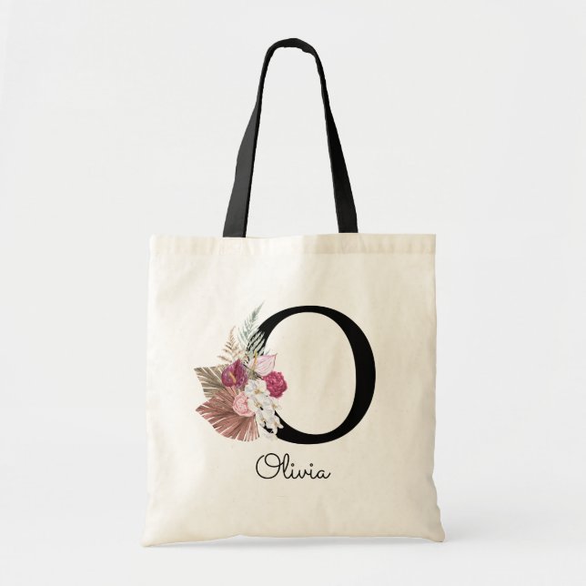 Bolsa Tote Inicial Floral Rosa Boêmio com Monograma O (Frente)
