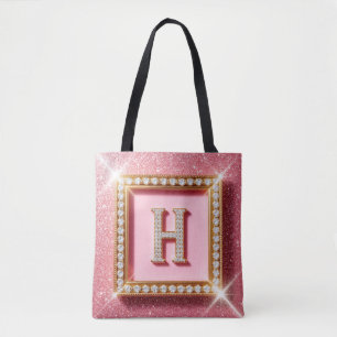 Bolsa Tote Inicial H de Diamante Brilho Rosa em Moldura Doura
