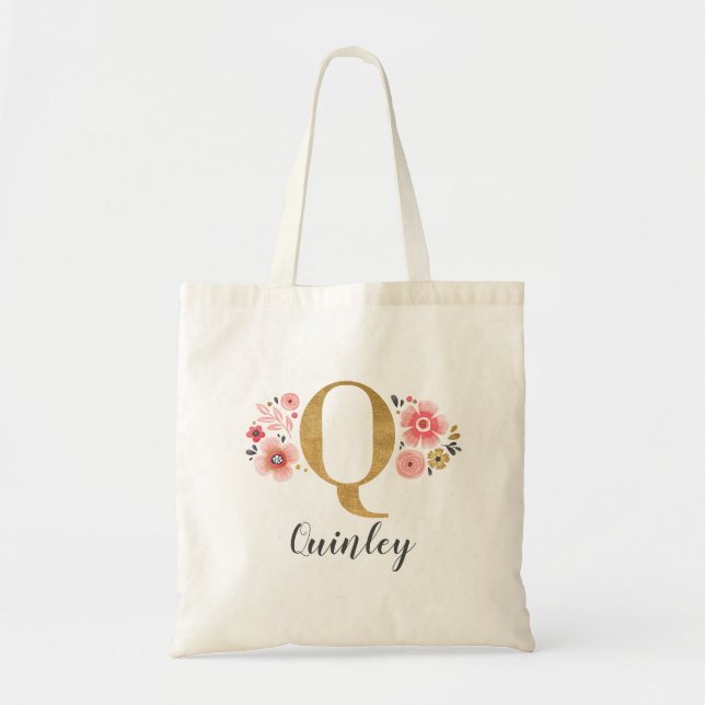 Bolsa Tote Inicial Monograma Dourado Letra "Q" Floral (Frente)