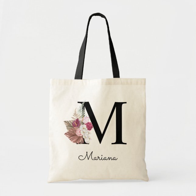 Bolsa Tote Inicial Monogramada M Rosa Boho Floral (Frente)