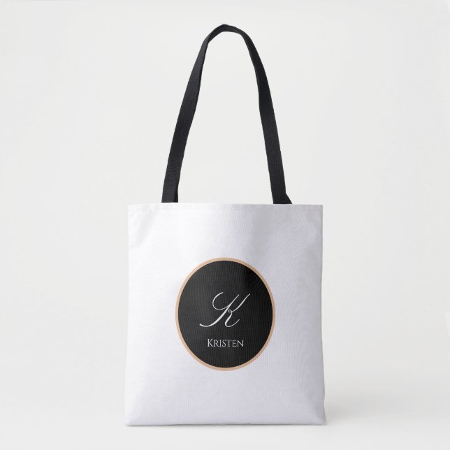 Bolsa Tote Inicial Personalizada & Nome Branco & Preto (Frente)