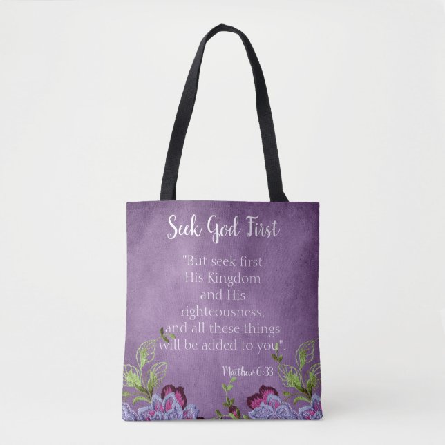 Bolsa Tote Inspiração Procure Deus Primeiro Floral Roxo (Frente)