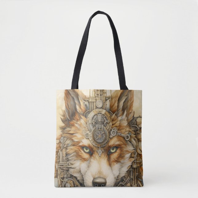 Bolsa Tote Inspiração Solarpunk Lobo Vermelho Steampunk (Frente)