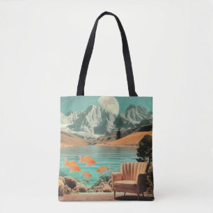 Bolsa Tote Interior Surrealista com Peixes e Paisagem ao Luar