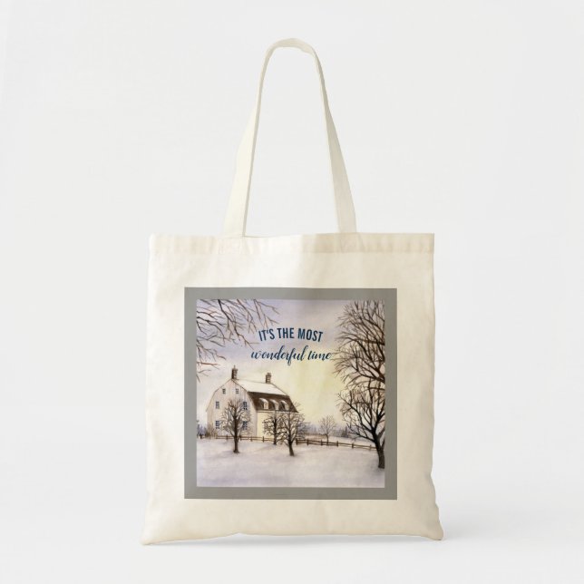 Bolsa Tote Inverno na Nova Inglaterra — Pintura por Aquarela (Frente)