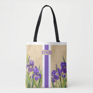 Bolsa Tote Iris Flowers Monograma Faux Burlap Jute