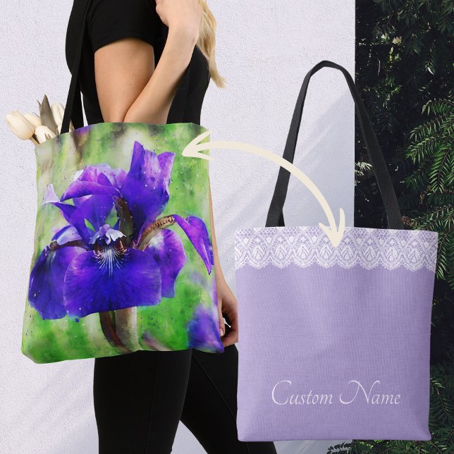 Bolsa Tote Íris Roxa Lilás e Renda Falsa Personalizada (Purple Iris watercolor style bag with lavender back, "lace" and customizable text great gift for mom)