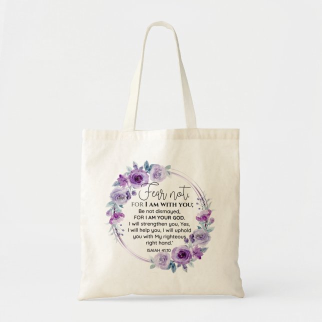 Bolsa Tote Isaiah 41:10 Medo não Escritura Floral Roxa (Frente)