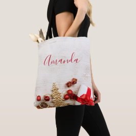 Bolsa Tote Itens de Natal em um Conselho Russo de Madeira
