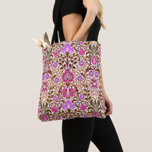 Bolsa Tote Jacobean Floral Damask, Pink, Violet e Brown