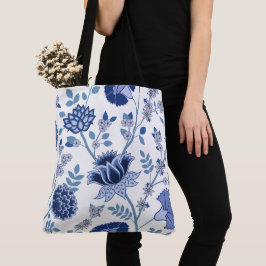 Bolsa Tote Jacobean Floral Lg Pattern Blue em Branco