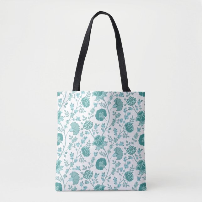Bolsa Tote Jacobean Floral Pattern Teals on White (Frente)