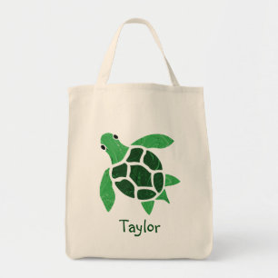 Bolsa Tote Jade Green Sea Turtle Mosaico com Nome
