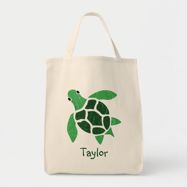Bolsa Tote Jade Green Sea Turtle Mosaico com Nome (Frente)