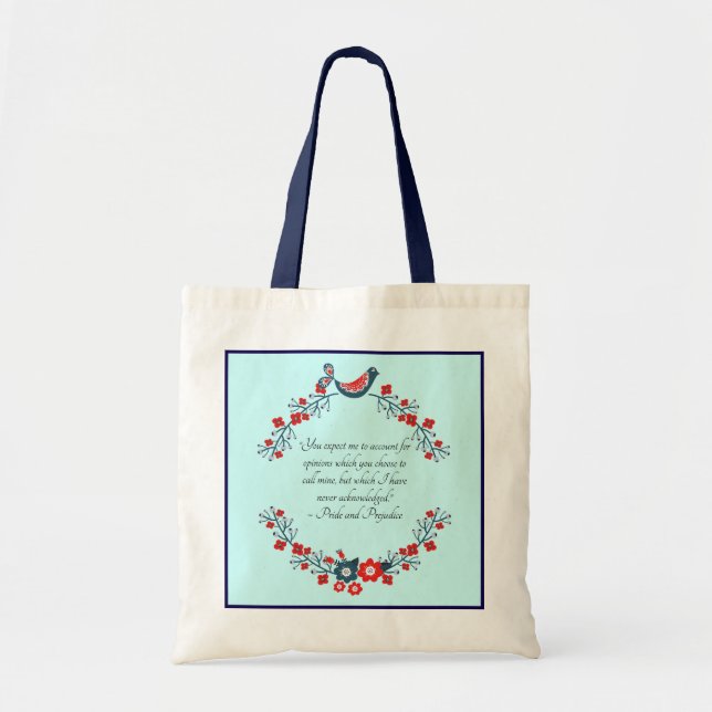 Bolsa Tote Jane Austen Quote, Pride and Prejudice Floral  (Frente)