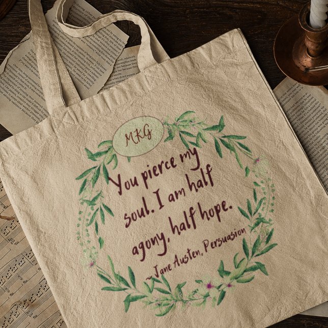 Bolsa Tote Jane Austen Quote Romântico Monograma Bookworm (Criador carregado)