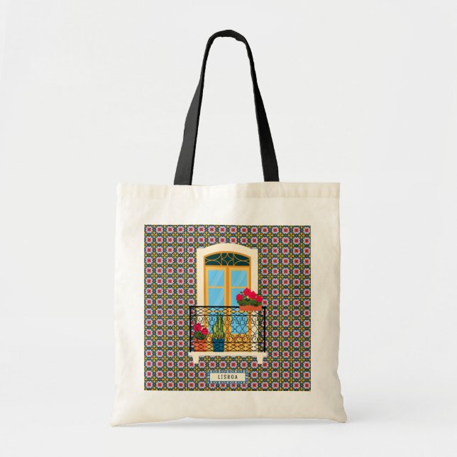 Bolsa Tote Janela da casa de Lisboa com plantas e azulejos (Frente)