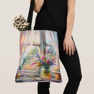 Bolsa Tote Janela de Casa de Campo Ensolarada com Flores Silv