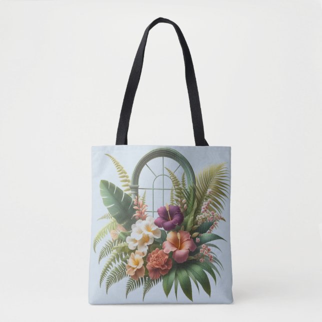 Bolsa Tote Janela Emoldurada com Folhagem Tropical (Frente)