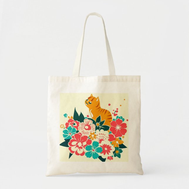 Bolsa Tote Japanese old scool cat and flowers (Frente)
