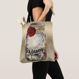 Bolsa Tote Jar Mason Jar de Rosa vermelha de Grelha Dourada