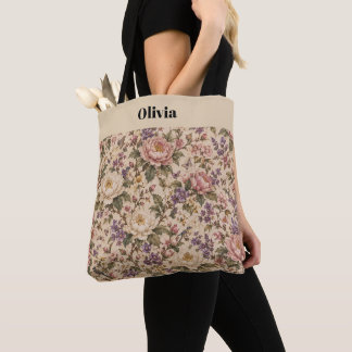 Bolsa Tote Jardim Botânico de Rosas Vintage & Padrão de Borbo