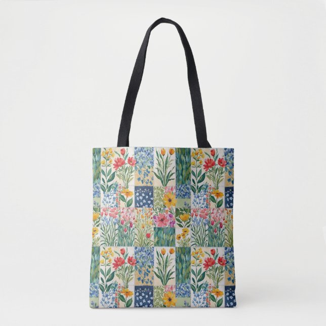 Bolsa Tote Jardim Botânico Floral de Patchwork Rústico Bonito (Frente)
