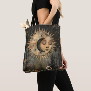 Bolsa Tote Jardim de Flores Silvestres Boho Celestial Sol Lua