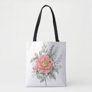 Bolsa Tote Jardim de Hibisco com Libélula Fofa em Aquarela